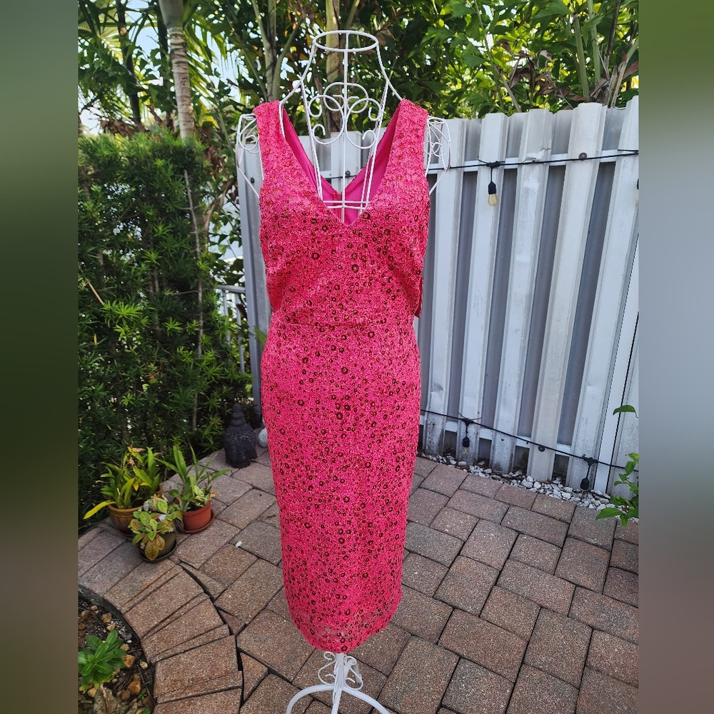Hot Pink Shiney Metallic Lace Sheath Dress, Size Medium - NWT